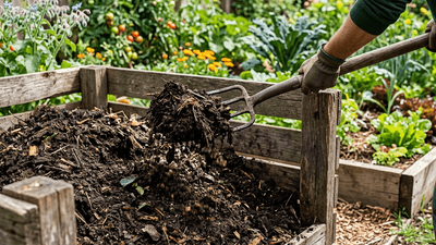Rich dark compost being turned with a garden fork