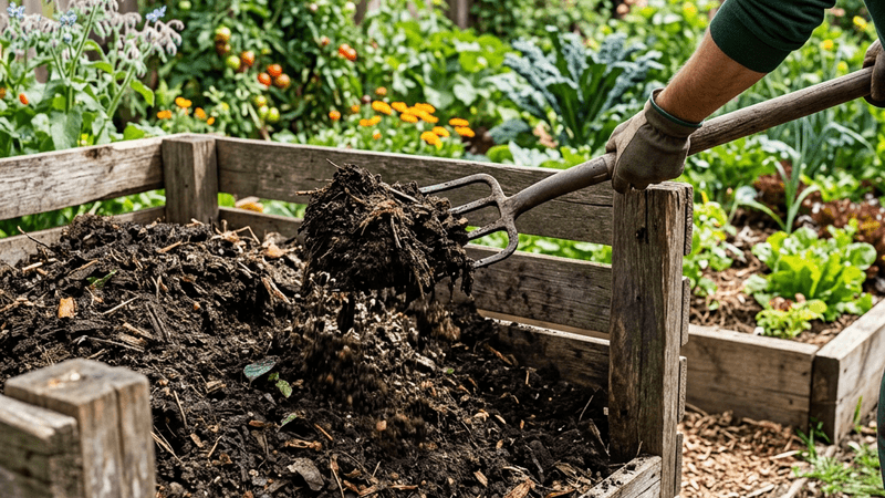 Rich dark compost being turned with a garden fork