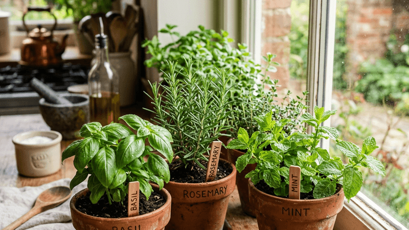 Fresh herbs growing in terracotta pots on a sunny windowsill