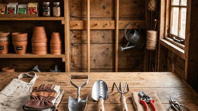 Clean garden tools arranged neatly on a wooden workbench
